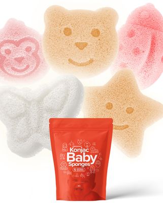 Konjac Baby Sponge for Bathing | Natural Cute Shapes | Kids Bath sponges for Infants | Toddler Bath time | Safe Organic Plant-Based | 5pcs Set : Bear, Monkey, Butterfly, Ladybug, Star