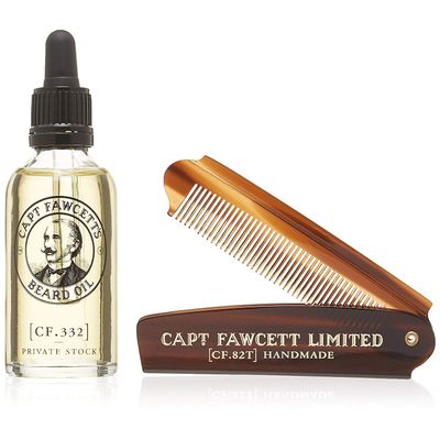 Captain Fawcett&#39;s Beard Oil (CF.332) &amp; Folding Pocket Beard Comb (CF.82T) Gift Set - Made in England