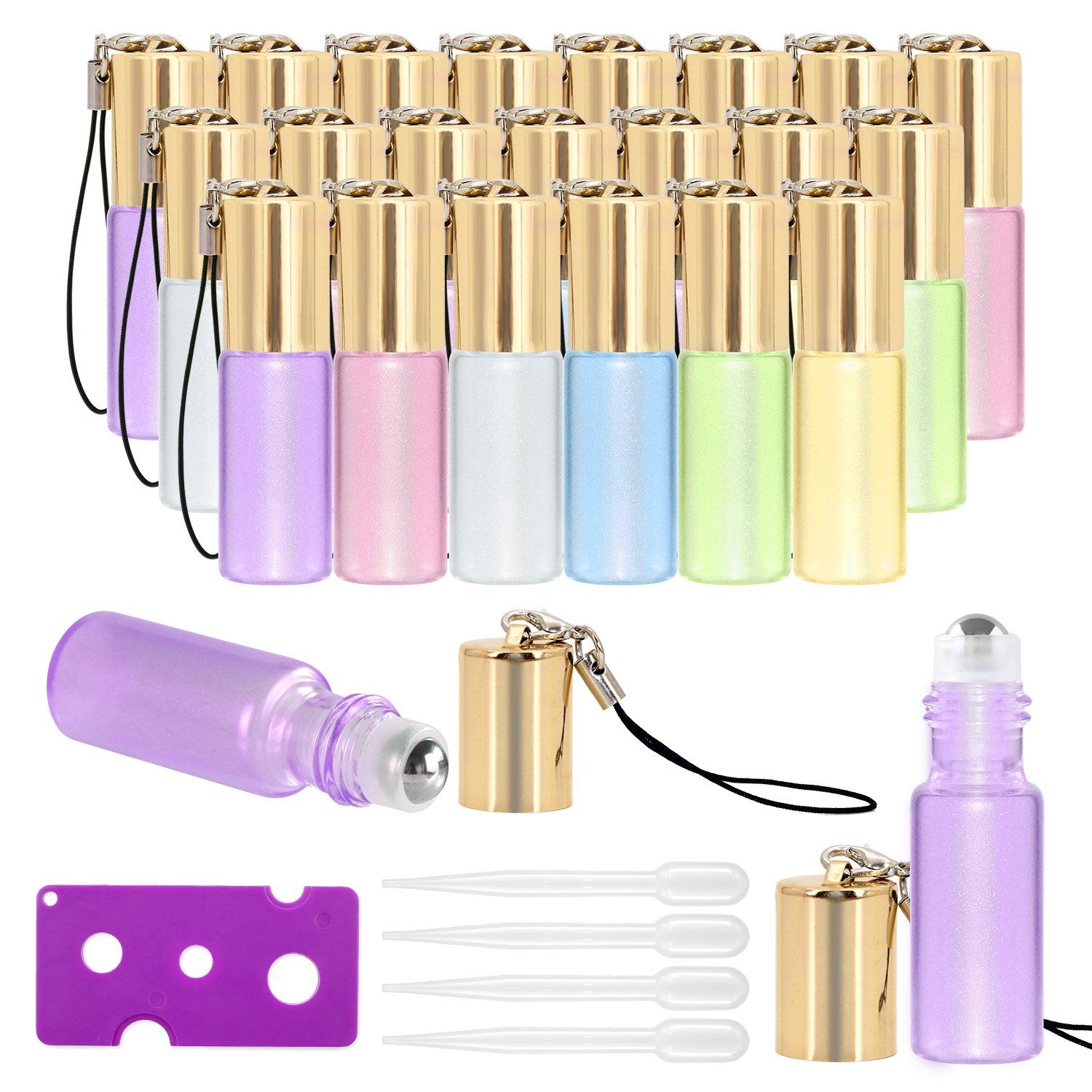 Mavogel Essential Oil Roller Bottles - 24 Pack 5ml Pearl Colored Glass Roller Bottles with Stainless Steel Roller Balls, Essential Oil key Opener and Droppers Included