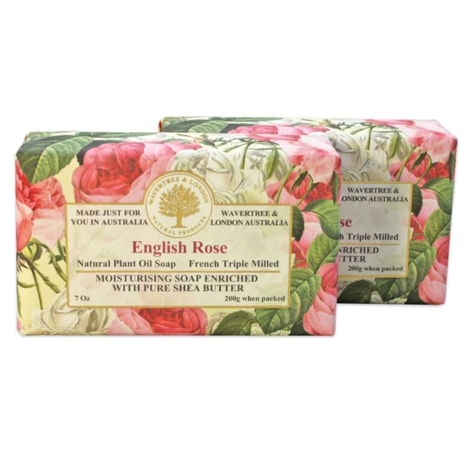 Wavertree &amp; London English Rose Scented Natural Soap (2 Bars), 7oz Moisturizing French Triple Milled Soap Bars enriched with shea butter - Pure Plant Oil Bath &amp; Body Soap for All Skin Types