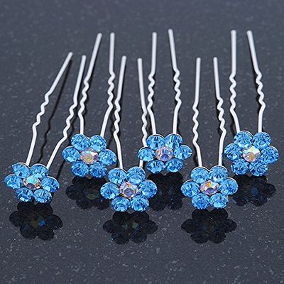 Bridal/Wedding/Prom/Party Set Of 6 Sky Blue Austrian Crystal Daisy Flower Hair Pins In Silver Tone