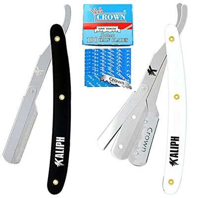Kaliph Professional Barber Straight Razor For Men - Premium Pack of 2Pcs Straight Edge Razor With 100 Shaving Blades - Salon Quality Men&#39;s Manual Cut Throat Razor For Smooth Close Shaving -Black/White