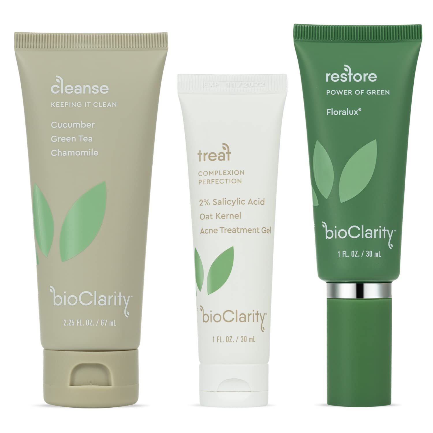 BioClarity 3-Step Acne Routine, Mini Size, for Oily or Acne-Prone Skin, Clean Vegan Ingredients, Includes Cleanser, Salicylic Acid Acne Treatment Gel, Restorative Green Gel