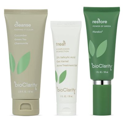 BioClarity 3-Step Acne Routine, Mini Size, for Oily or Acne-Prone Skin, Clean Vegan Ingredients, Includes Cleanser, Salicylic Acid Acne Treatment Gel, Restorative Green Gel