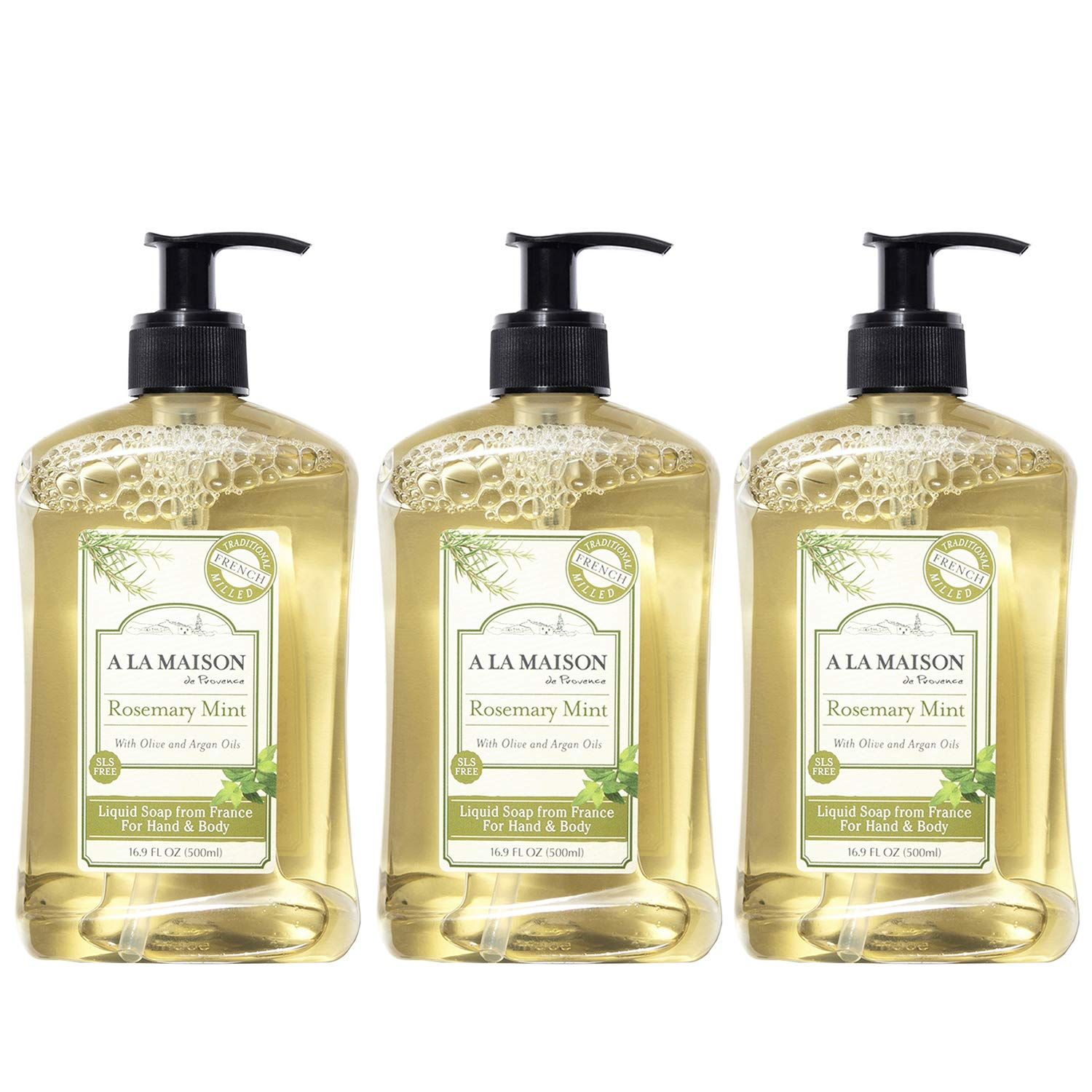 A LA MAISON de Provence Liquid Hand Soap | Rosemary Mint Scent | French Milled Moisturizing Natural Hand Soap | in 16.9 oz. Pump Bottles | (3 Pack)