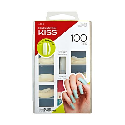 KISS 100 Tips False Nail Kit, Curve Overlap Style, Long Length, Long Lasting Fake Nail Tips, DIY Home Manicure Set with Nail Glue 3 g / 0.11 oz. and 100 Artificial Nails in 10 Sizes