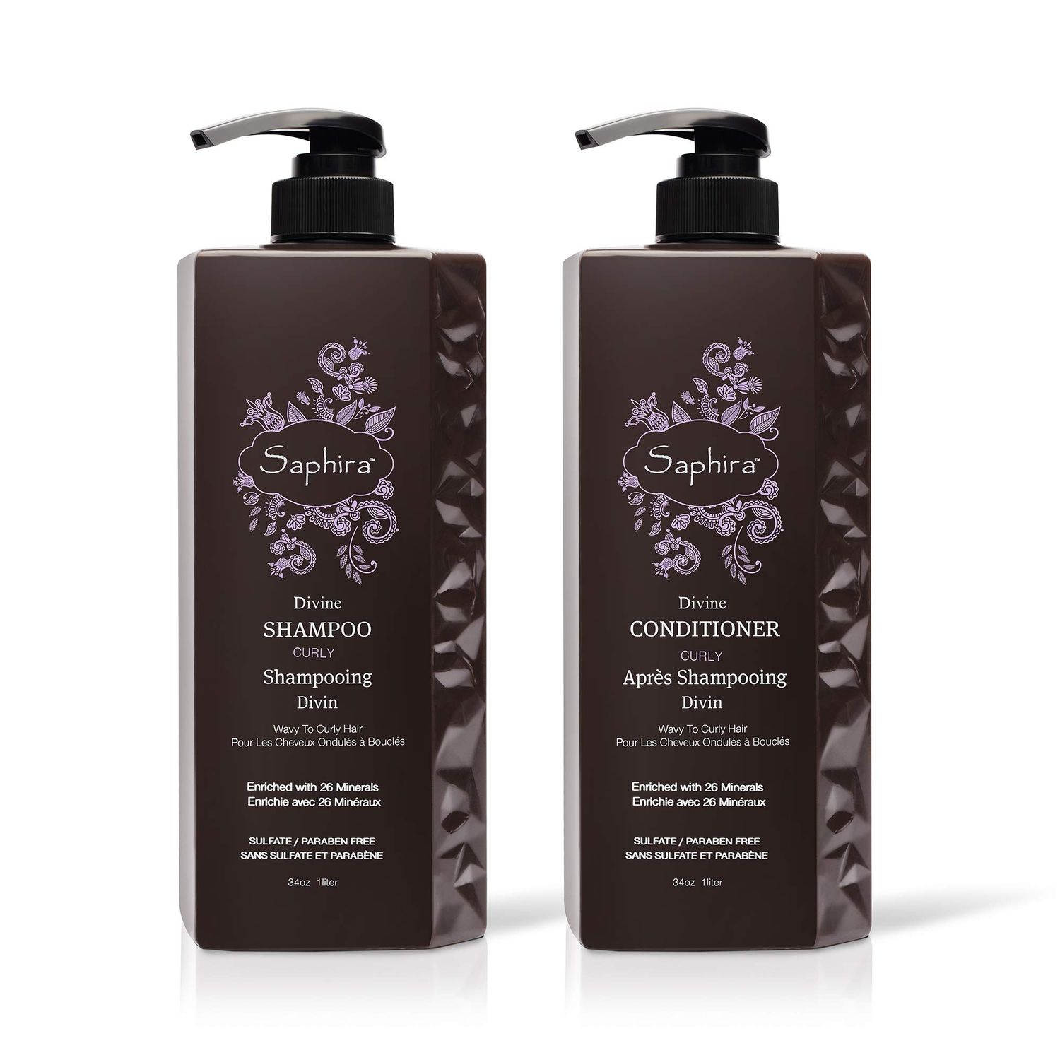 Saphira Divine Curls Shampoo and Conditioner for Curly, Wavy and Multi-Textured Hair, Sulfate-Free, Paraben-Free, Deeply Cleanses, Restores and Hydrates Curls, 34 Ounce (Pack of 2)