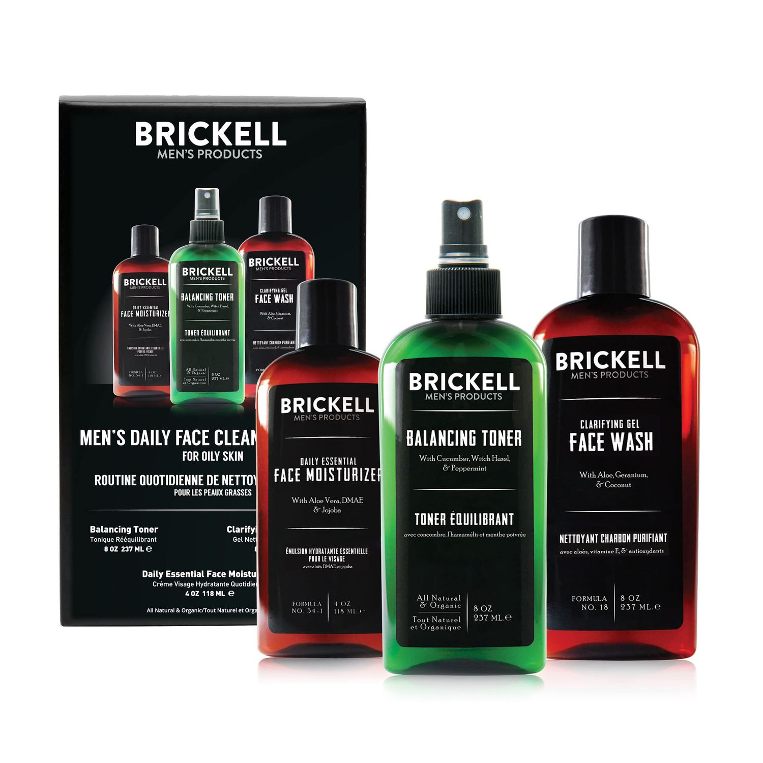 Brickell Men&#39;s Daily Face Cleanse Routine for Oily Skin, Alcohol Free Toner, Gel Facial Wash and Moisturizer, Natural and Organic, Unscented