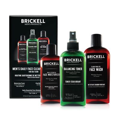 Brickell Men&#39;s Daily Face Cleanse Routine for Oily Skin, Alcohol Free Toner, Gel Facial Wash and Moisturizer, Natural and Organic, Unscented