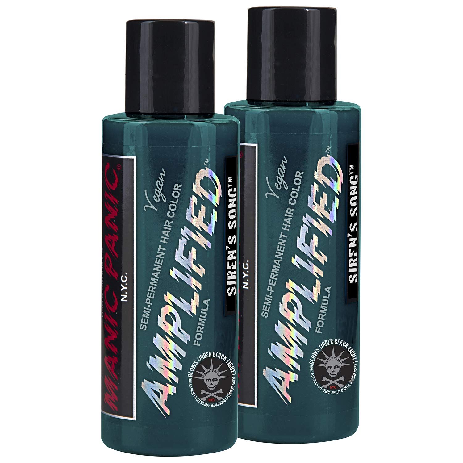 MANIC PANIC Sirens Song Hair Color - Amplified - (2PK) Semi Permanent Hair Dye - Neon Blue Green Color - Glows in Blacklight - Vegan, PPD &amp; Ammonia Free - For Coloring Hair on Women &amp; Men