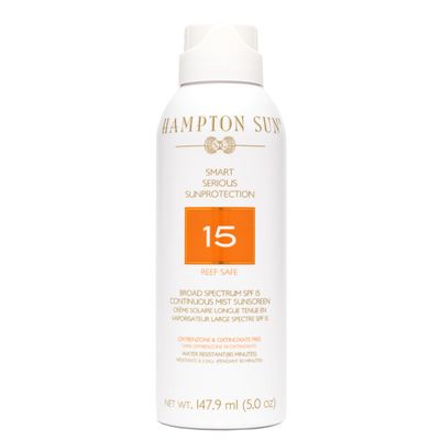 Hampton Sun SPF 15 Continuous Mist Sunscreen, Broad Spectrum UVA/UVB | Advanced Water + Sweat Resistance, Antioxidant-Rich Vitamin E + Aloe for Hydrated, Radiant Skin, Glowy Finish and Oil-Free.