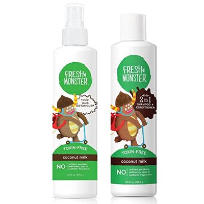 Fresh Monster Hair Detangler Spray &amp; 2-in-1 Shampoo &amp; Conditioner, Coconut, Toxin-Free, Hypoallergenic &amp; Natural (8.5 oz each)