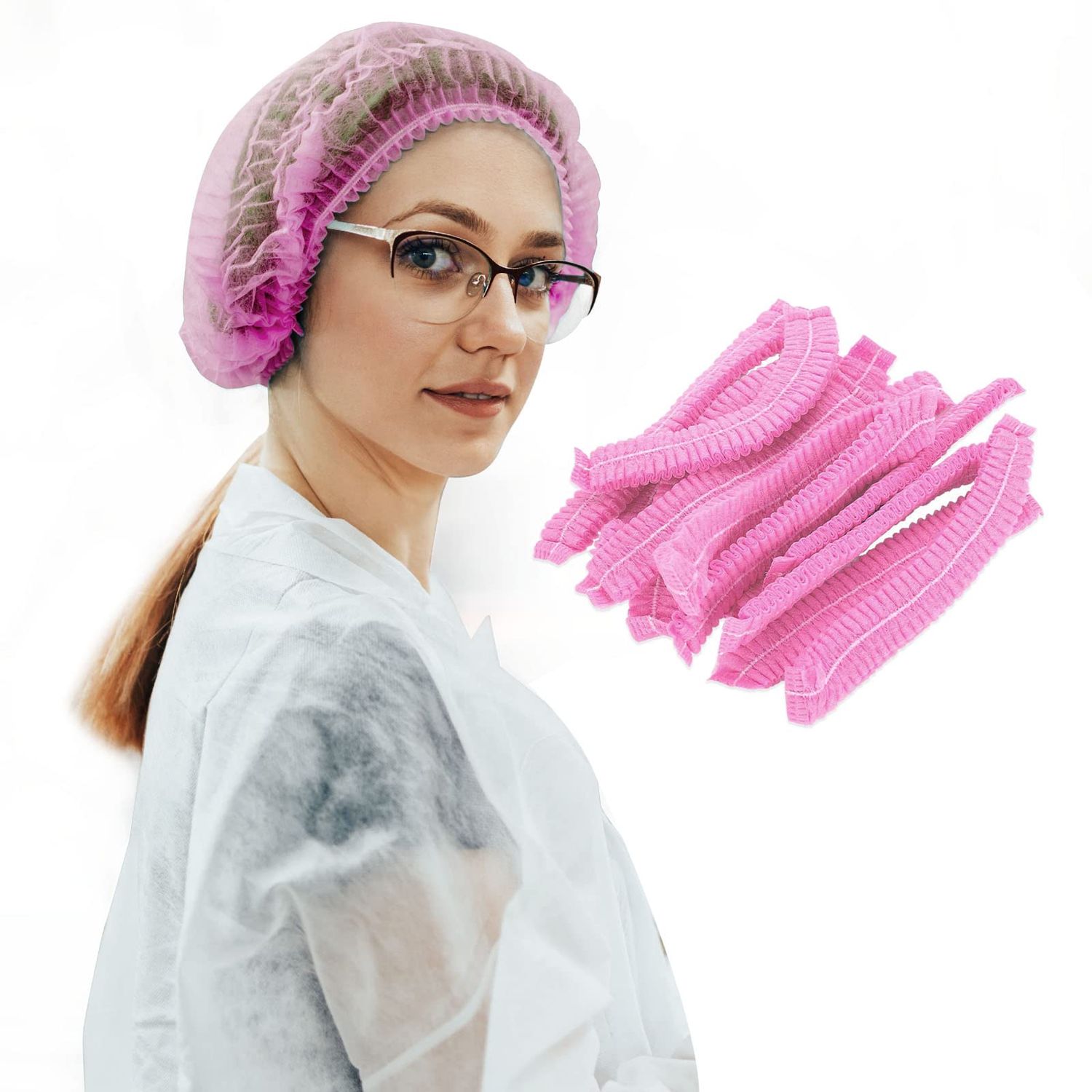 100 Pack 21&quot; Disposable Nonwoven Bouffant Caps Hair Net for Hospital Salon Spa Catering and Dust-free Workspace (pink)