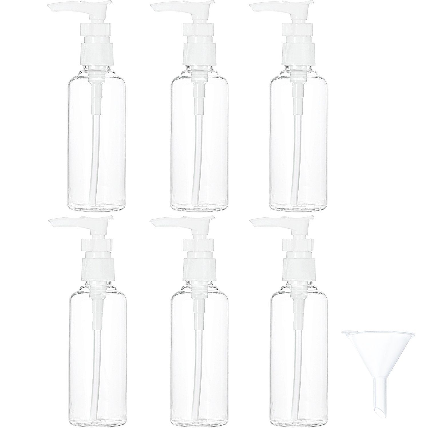 TecUnite 6 Pack Transparent Travel Bottles Pump Bottle Lotion Dispenser Bottle Set with Small Funnel for Flight, Airport, Holiday (White, 100 ml)