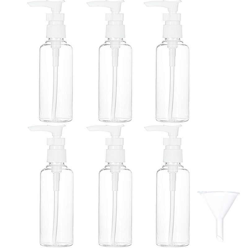 TecUnite 6 Pack Transparent Travel Bottles Pump Bottle Lotion Dispenser Bottle Set with Small Funnel for Flight, Airport, Holiday (White, 100 ml)