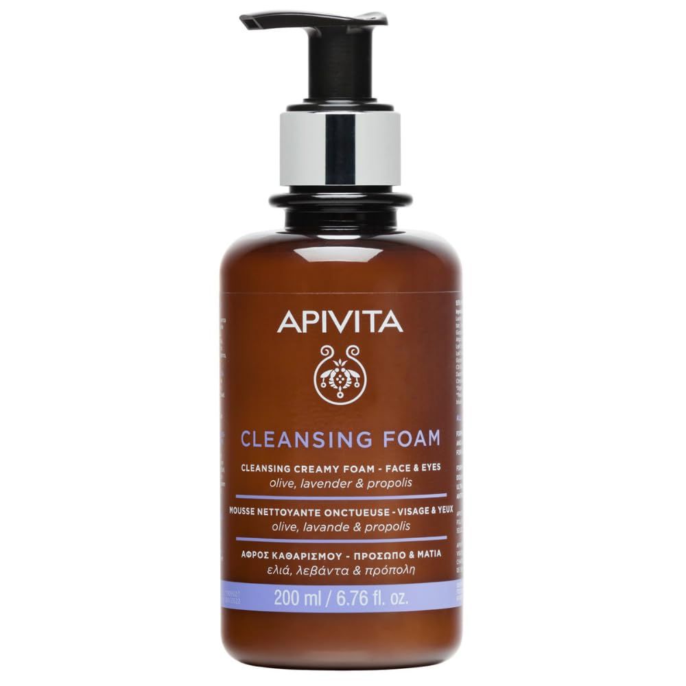 Apivita Face Cleansing Foam for Face &amp; Eyes 200ml - Foaming Facial Cleanser &amp; Makeup Remover - Natural Face Wash with Lavender, Olive and Propolis - Gently Cleanses, Hydrates, Antioxidant Protection