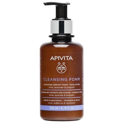 Apivita Face Cleansing Foam for Face &amp; Eyes 200ml - Foaming Facial Cleanser &amp; Makeup Remover - Natural Face Wash with Lavender, Olive and Propolis - Gently Cleanses, Hydrates, Antioxidant Protection