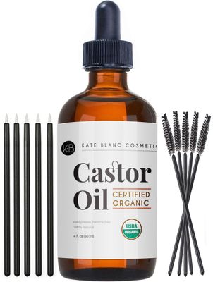 Kate Blanc Cosmetics Organic Castor Oil (4oz). 100% Pure, Cold Pressed, Hexane Free in a Glass Bottle. Stimulate Growth for Eyelashes, Eyebrows, Hair. Skin Moisturizer &amp; Oil Cleanse with Starter Kit