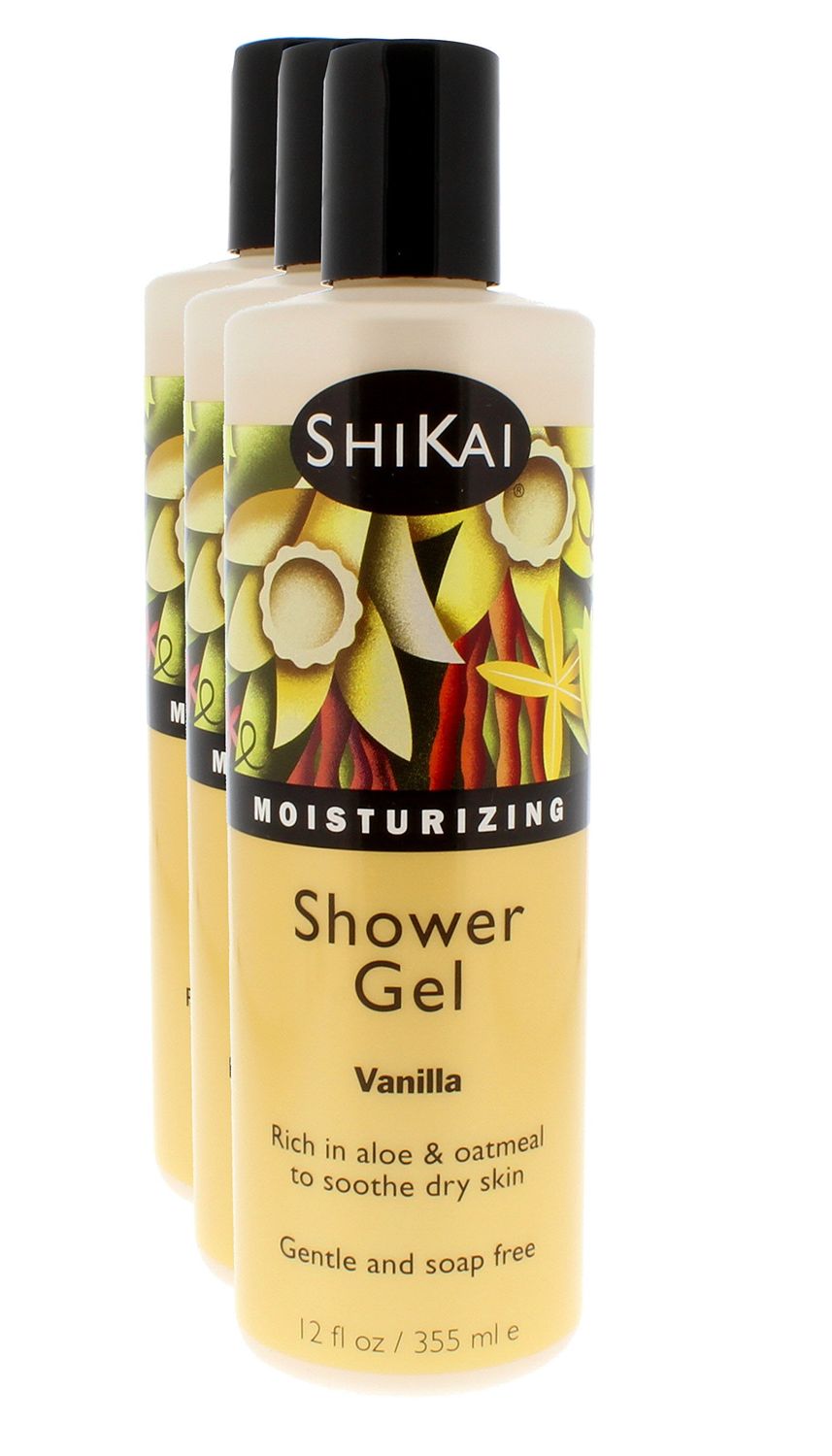 ShiKai Daily Moisturizing Shower Gel (Vanilla, 12oz, Pack of 3) | Gentle Formula | Aloe Vera &amp; Oatmeal for Soft, Healthy Skin | Dry Skin Relief
