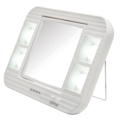 JERDON Two-Sided Makeup Mirror with Lights - Vanity Mirror with 5X Magnification &amp; Two Setting Glare-Free Lighting - White Base - Model J1015