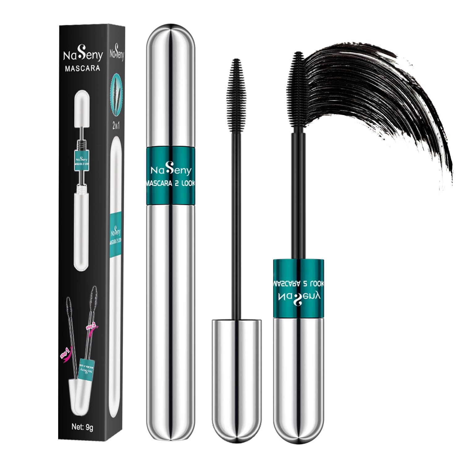 NaSeny 2in1 Vibely Mascara Waterproof Black Volume And Length Thickening And Lengthening Dual Effect 5X Longer Mascara Smudge-Proof Non Clumping