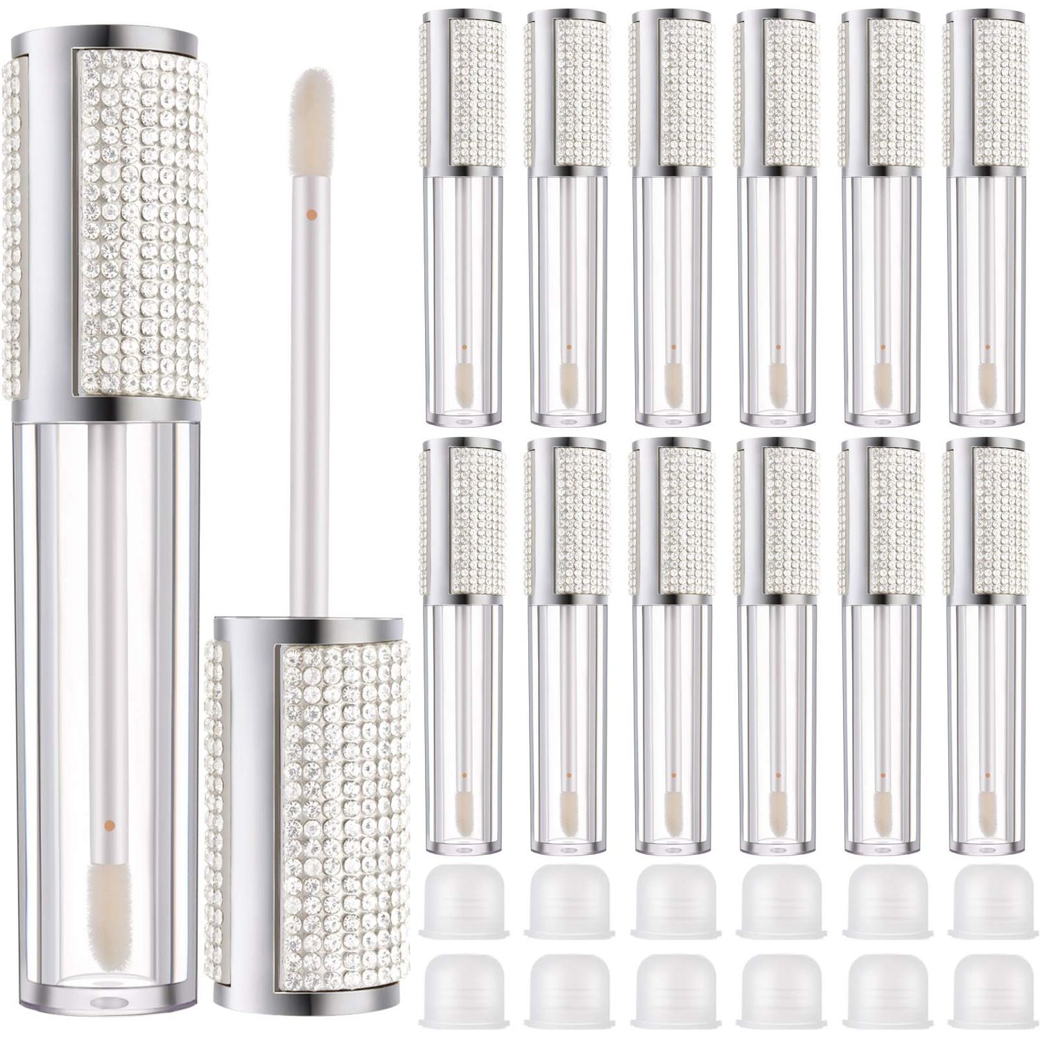 Patelai 12 Pcs 5 ml Rhinestone Lip Gloss Tubes Crystal Lip Balm Tubes for Lip Gloss Empty Lip Gloss Bottles Refillable Rhinestone Lip Gloss Container Plastic Cosmetic Bottles(Silver)