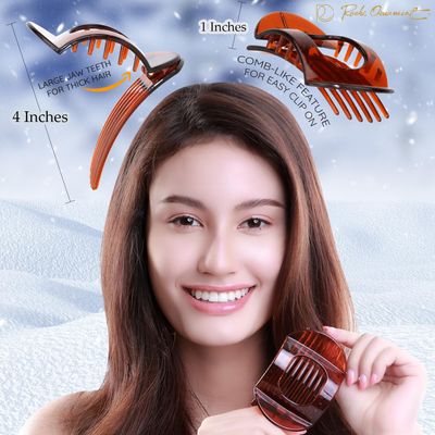 RC ROCHE ORNAMENT 6 Pcs Womens Square Strong Grip Secure Hold Inner Teeth Styling Plastic Comfortable Curve No Slip Beauty Accessory Girls Ladies Claw Clamp Clip, Medium Brown