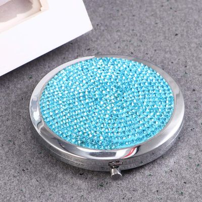 Lurrose Bling Compact Mirror Round Folding Mirror Double-Sided Cosmetic Mirror Portable Pocket Mirror Rhinestone Mirror for Travel and Home Use (Sky Blue)