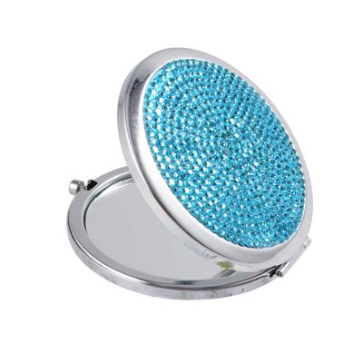 Lurrose Bling Compact Mirror Round Folding Mirror Double-Sided Cosmetic Mirror Portable Pocket Mirror Rhinestone Mirror for Travel and Home Use (Sky Blue)