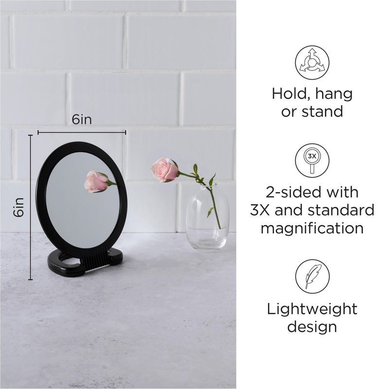 Diane Hand Mirror with Stand with 1X and 3X Magnification, Double-Sided Hand Held Mirror with Handle for Salon, Barber, Vanity, Grooming, Shaving, and Travel, Medium, 6" x 10", Black