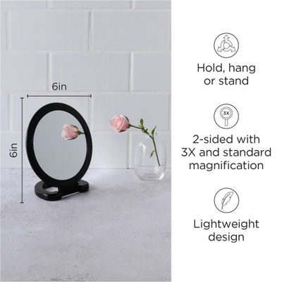 Diane Hand Mirror with Stand with 1X and 3X Magnification, Double-Sided Hand Held Mirror with Handle for Salon, Barber, Vanity, Grooming, Shaving, and Travel, Medium, 6" x 10", Black