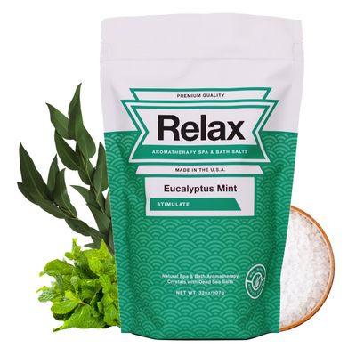 Relax Spa &amp; Bath, Epsom Salt Aromatherapy Bath Salts, Dead Sea Salt for Soaking, Hot Tub Spa Bath Soak, Bath Crystals with Magnesium, Vitamins &amp; Minerals, Eucalyptus Mint Scent
