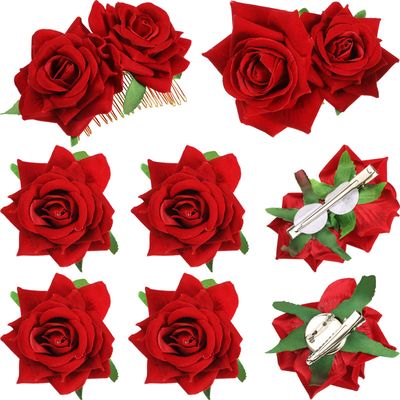 6 Pcs Rose Hair Clip Flower Hairpin Rose Hair Clip Comb Flower Hairpin Rose Brooch Floral Clips Mexican Rose Hair Accessories for Women Wedding Party Mother&#39;s Day(Red)
