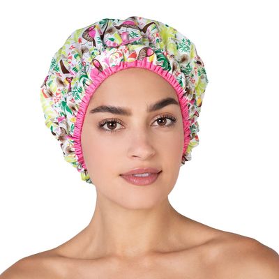 Reusable Shower Cap &amp; Bath Cap &amp; Lined, Oversized Waterproof Shower Caps Large Designed for all Hair Lengths with PEVA Lining &amp; Elastic Band Stretch Hem Hair Hat - Fashionista Tropical