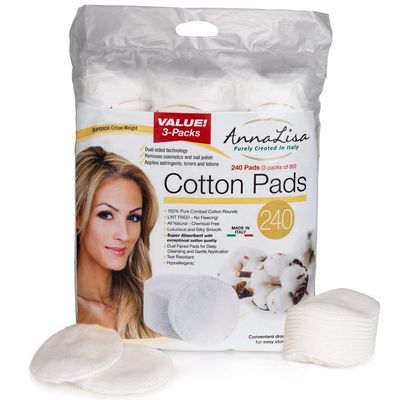 AnnaLisa 100% Pure Combed Cotton Rounds 3 Packs of 80 Hypoallergenic &amp; Absorbing Cotton Pads for Face/Makeup/Nail Polish Removal |240-Piece Italian Round Facial Cleansing|