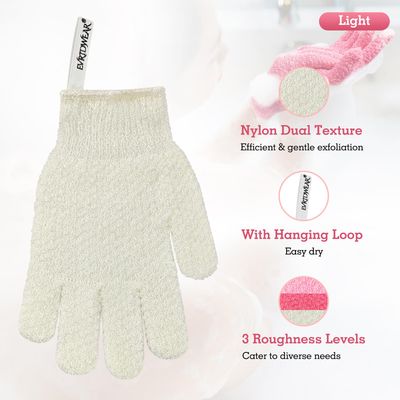 Evridwear Exfoliating Gloves for Shower, 100% Nylon Thick Soft Medium Heavy Bathing Gloves Dead Skin Remover Body Scrubber Smooth Skin with Hang Loop, 1 Pair Light White
