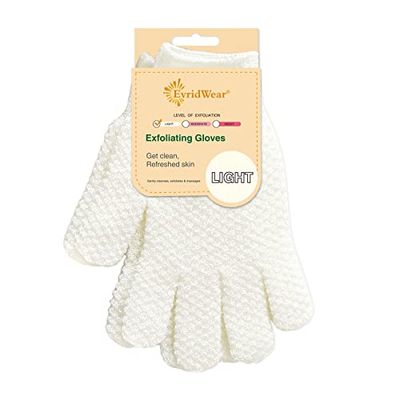 Evridwear Exfoliating Gloves for Shower, 100% Nylon Thick Soft Medium Heavy Bathing Gloves Dead Skin Remover Body Scrubber Smooth Skin with Hang Loop, 1 Pair Light White