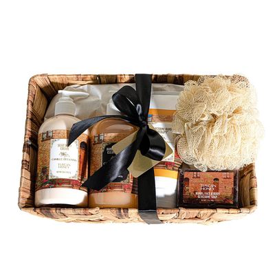 Camille Beckman Essentials Gift Basket, Tuscan Honey, Glycerine Hand Therapy 6 oz, Silky Body Cream 13 oz, Hand and Shower Cleansing Gel 13 oz, Glycerine Soap 3.5 oz