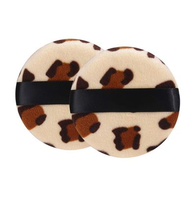 AKOAK Leopard Print Makeup Powder Puff, Round Double Sided Flocking Puff, Dry Pressed Powder, Facial Makeup Sponge, Basic Beauty Tools (2 Pcs)