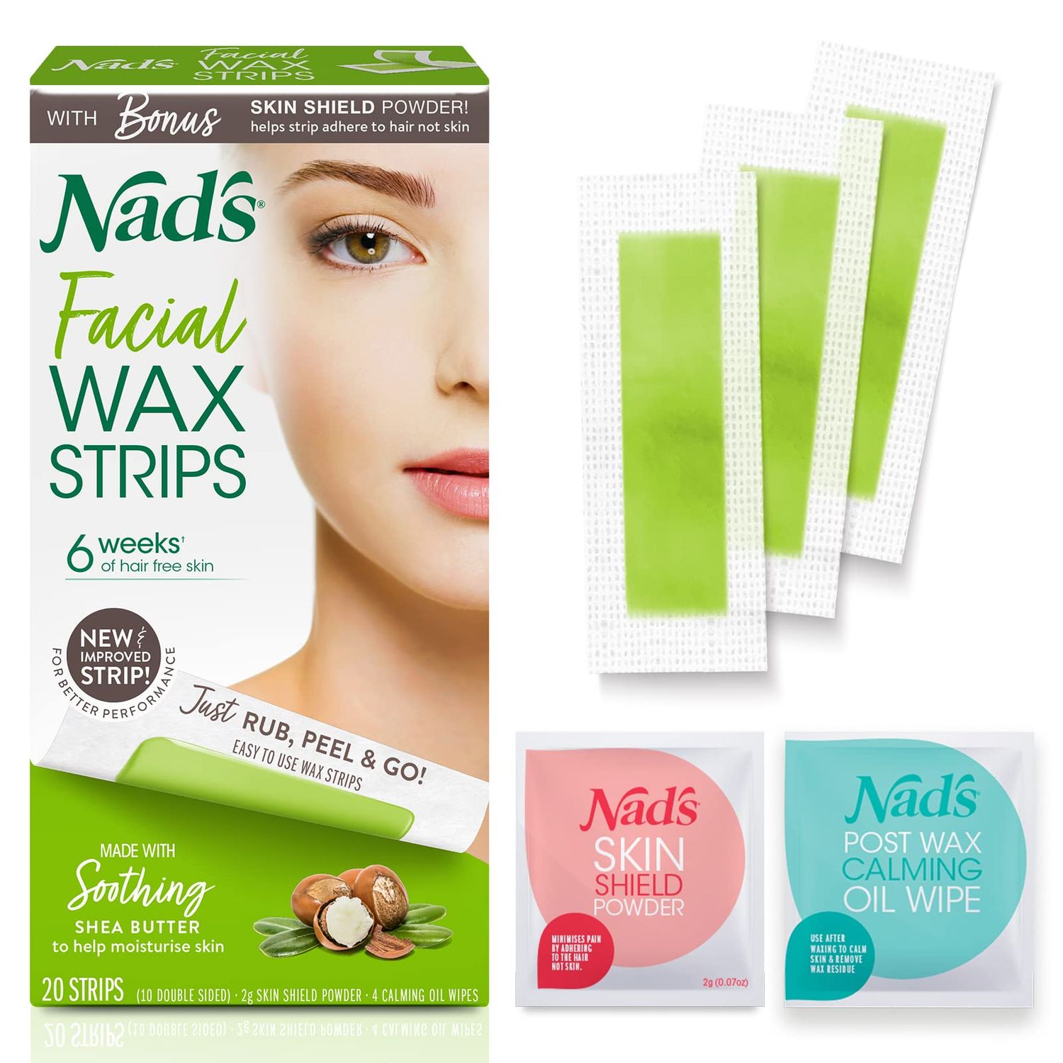 Nad&#39;s Facial Wax Strips - Hypoallergenic All Skin Types - Facial Hair Removal For Women - At Home Waxing Kit with 20 Face Wax Strips + 4 Calming Oil Wipes + Skin Protection Powder