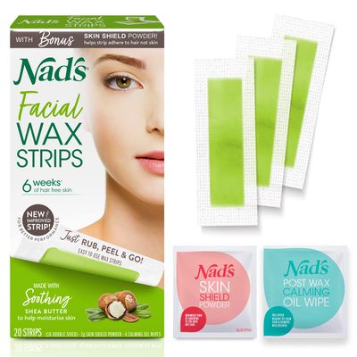 Nad&#39;s Facial Wax Strips - Hypoallergenic All Skin Types - Facial Hair Removal For Women - At Home Waxing Kit with 20 Face Wax Strips + 4 Calming Oil Wipes + Skin Protection Powder