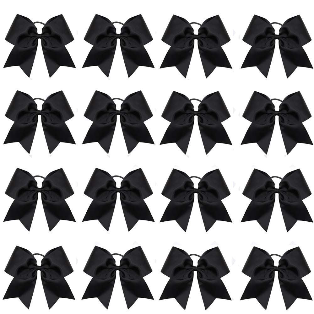 16PCS 8&quot; Large Cheer Hair Bows Ponytail Holder Elastic Band Handmade for Cheerleading Teen Girls College Sports (Black, 16 Count (Pack of 1))