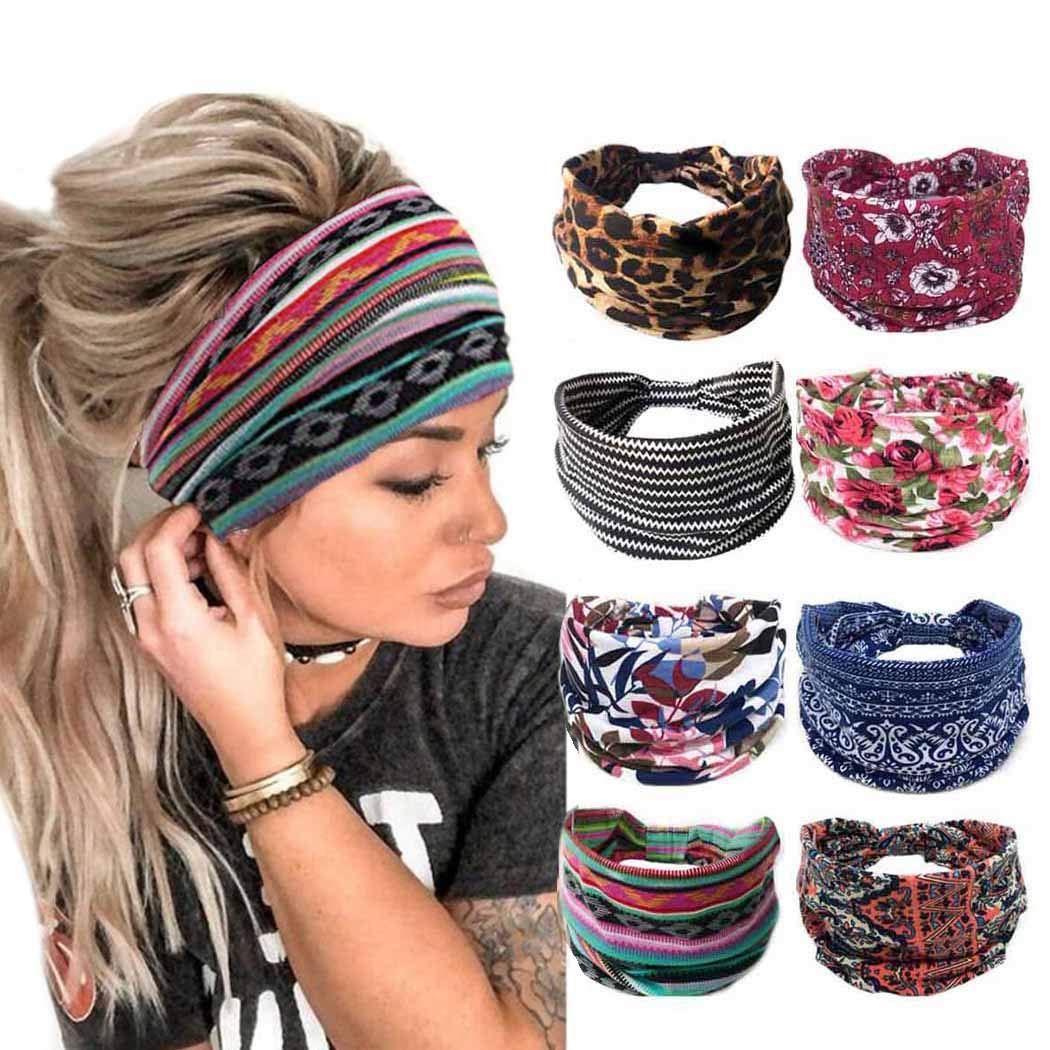 Bohend Wide Boho Headbands for Women 8Pcs Stretchy Bandeau Non Slip Hairbands Athletic Yoga Head Wraps (Boho, Uniform size)