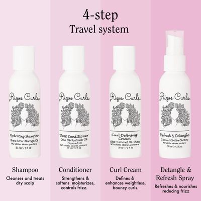 Rizos Curls 4-Step Travel Kit for Curly Hair: Curl Defining Cream, Shampoo, Conditioner, Refresh &amp; Detangle (2 fl oz each)