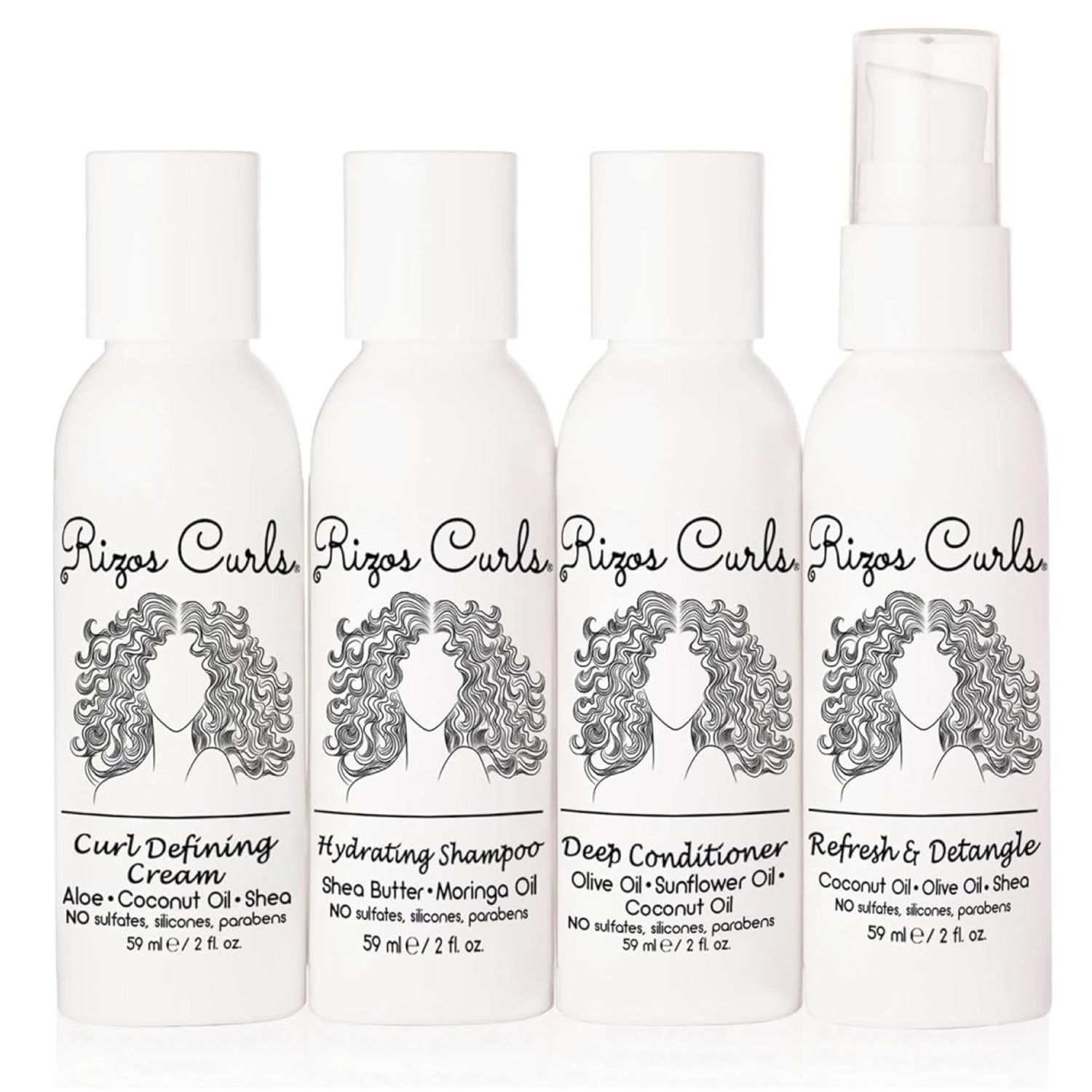Rizos Curls 4-Step Travel Kit for Curly Hair: Curl Defining Cream, Shampoo, Conditioner, Refresh &amp; Detangle (2 fl oz each)
