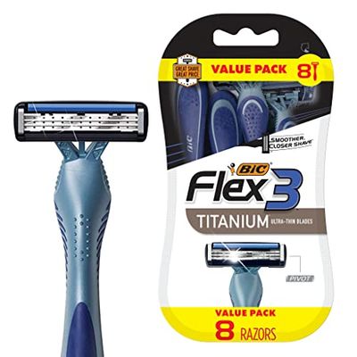 BIC Flex 3 Titanium Mens Disposable Razors With 3 Blades, Ideal Razor For Face and Body Shaving, 8 Piece Razor Kit for Men