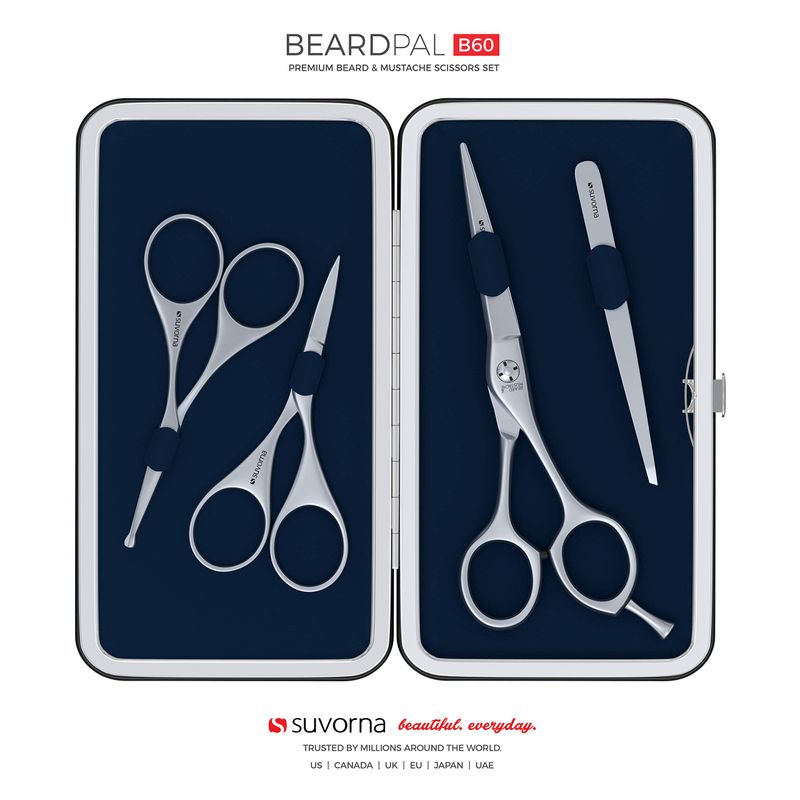 Suvorna Beard &amp; Mustache trimming kit with Beard Scissors, Mustache Scissors, Facial Hair Scissors, Grooming Scissors, Ear Scissors, Nose Scissors, Eyebrow Scissors, and Tweezer Men. (4 Pcs Blue)