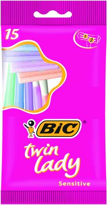 BIC Twin Lady Sensitive Razors, Disposable Razors with Two Blades for a Smooth and Precise Shave, Pack of 15