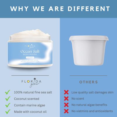 Sea Salt Body Scrub by Florida Suncare - Ocean Salt Body Polish Infused with Marine Algae - Exfoliating Face and Body Scrub - Facial Scrub Exfoliator to Tackle Acne (Coconut, 3.3 oz)