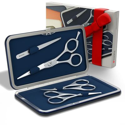 Suvorna Beard &amp; Mustache trimming kit with Beard Scissors, Mustache Scissors, Facial Hair Scissors, Grooming Scissors, Ear Scissors, Nose Scissors, Eyebrow Scissors, and Tweezer Men. (4 Pcs Blue)